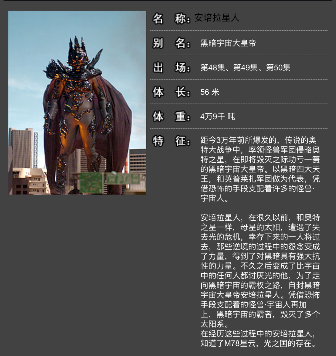 安培拉星人  性别 男  年龄 三万年前以上  宿敌 奥特之父梦比优斯
