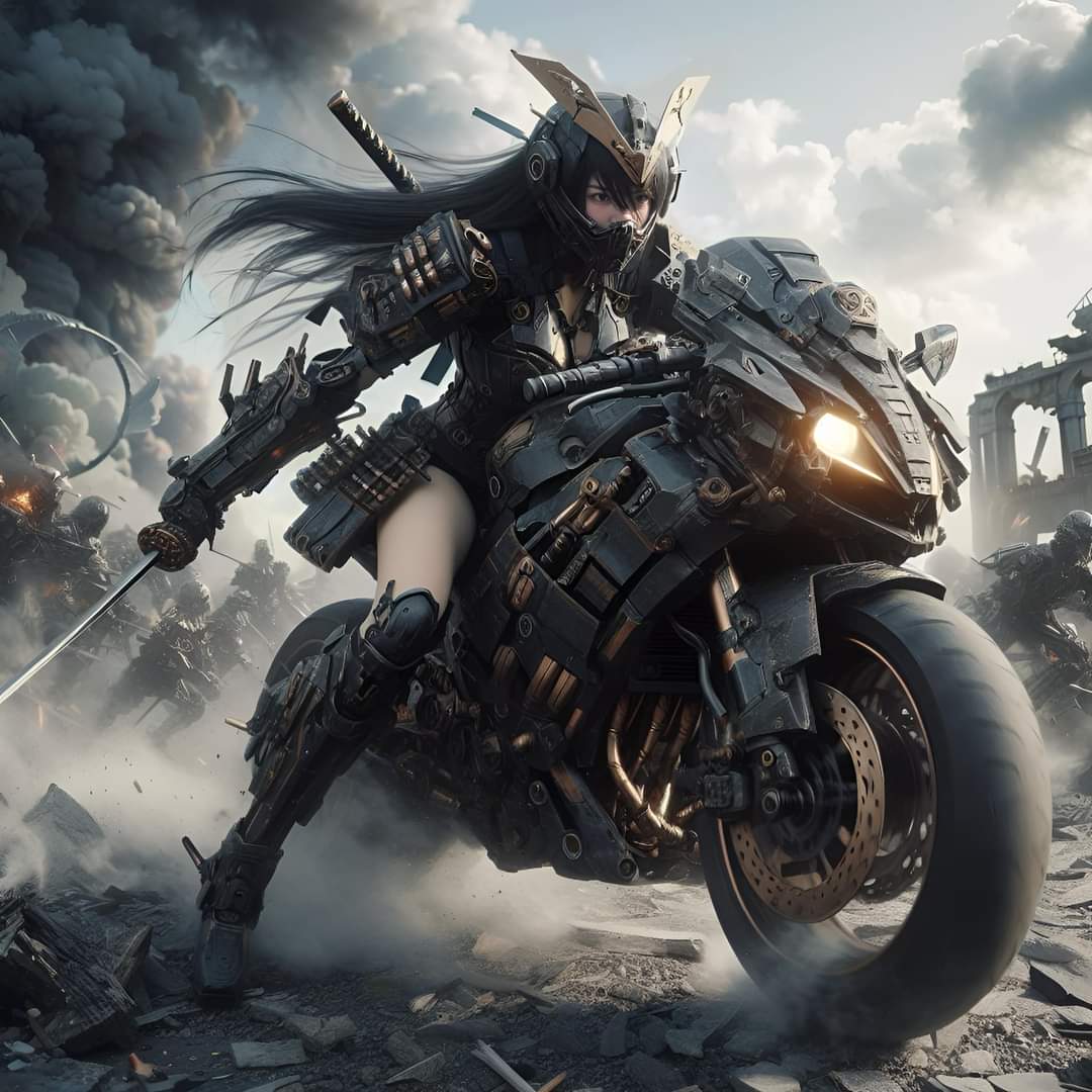 🏍️这位酷炫的小姐姐手握利剑,骑着摩托车在废墟中飞驰,仿佛穿越
