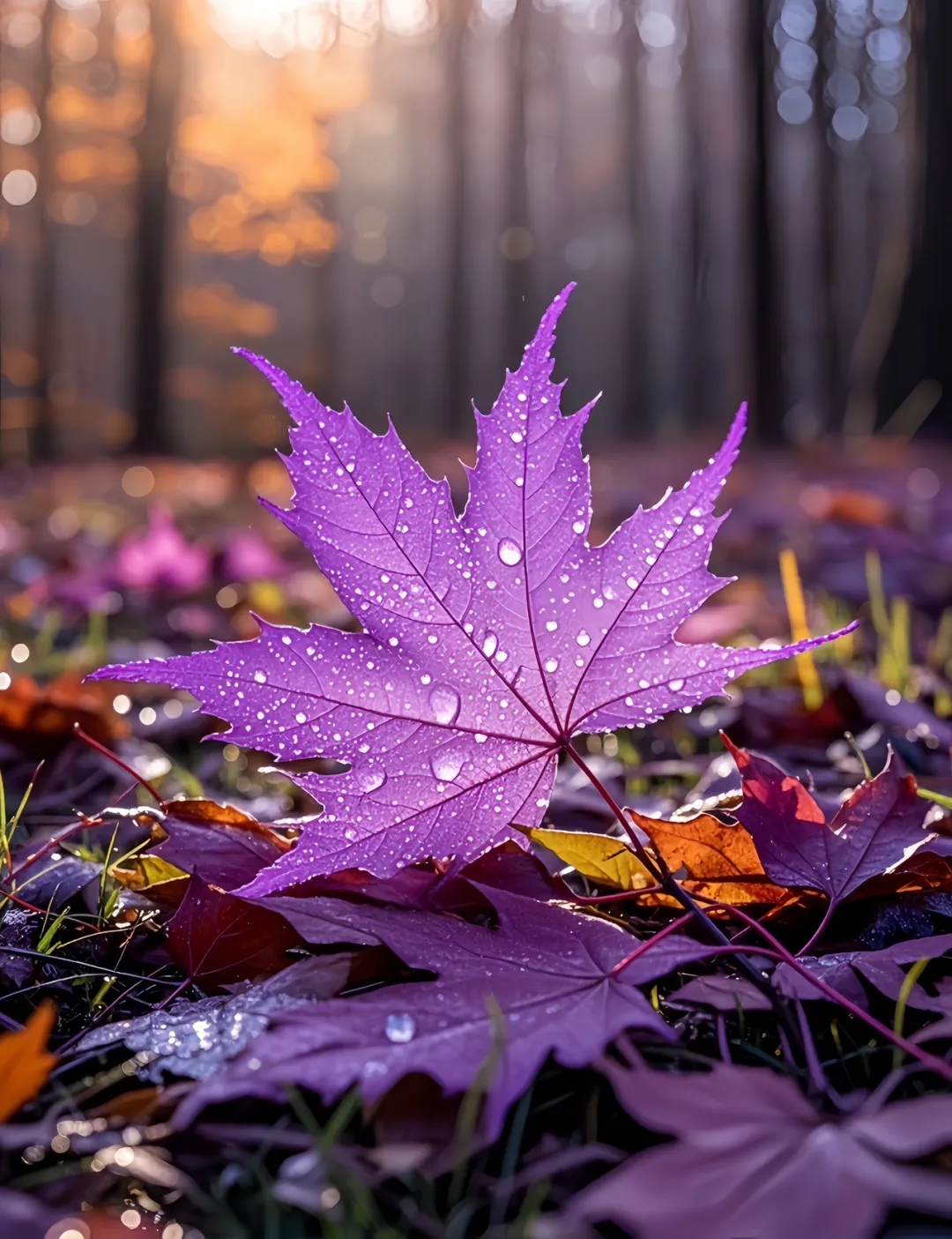 清晨的露珠点缀在深秋的枫叶上,闪耀着梦幻般的紫色光芒,仿佛大自然