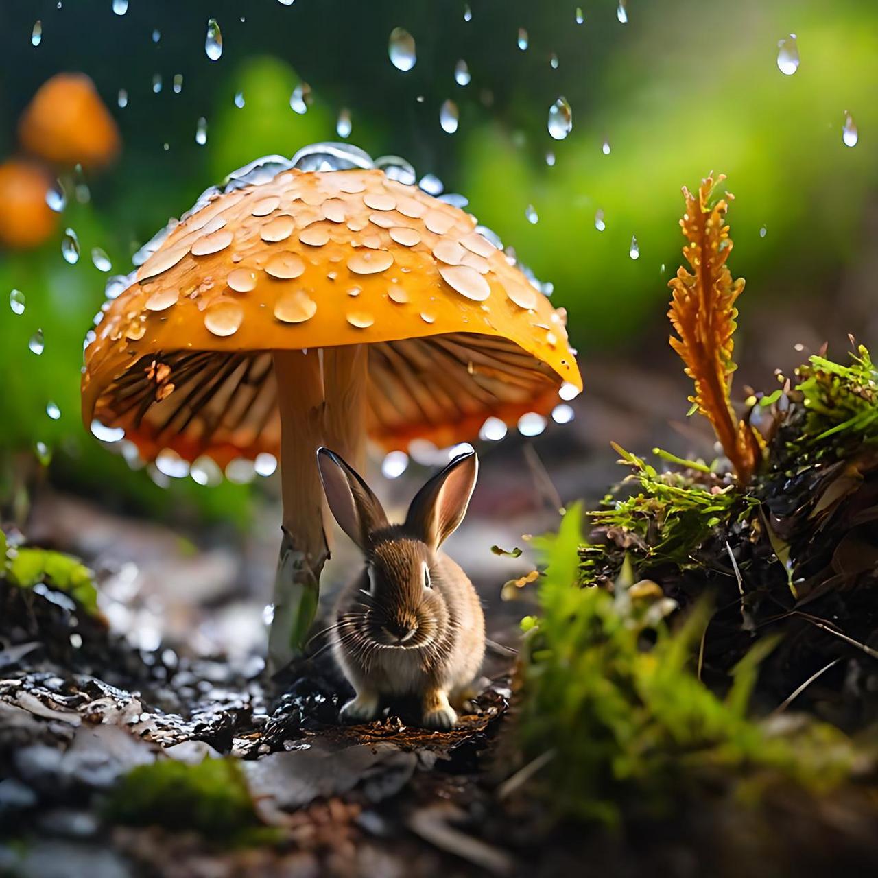 【雨中的小兔子与蘑菇】  下着淅淅沥沥的小雨,一只小兔子蹦蹦跳跳地