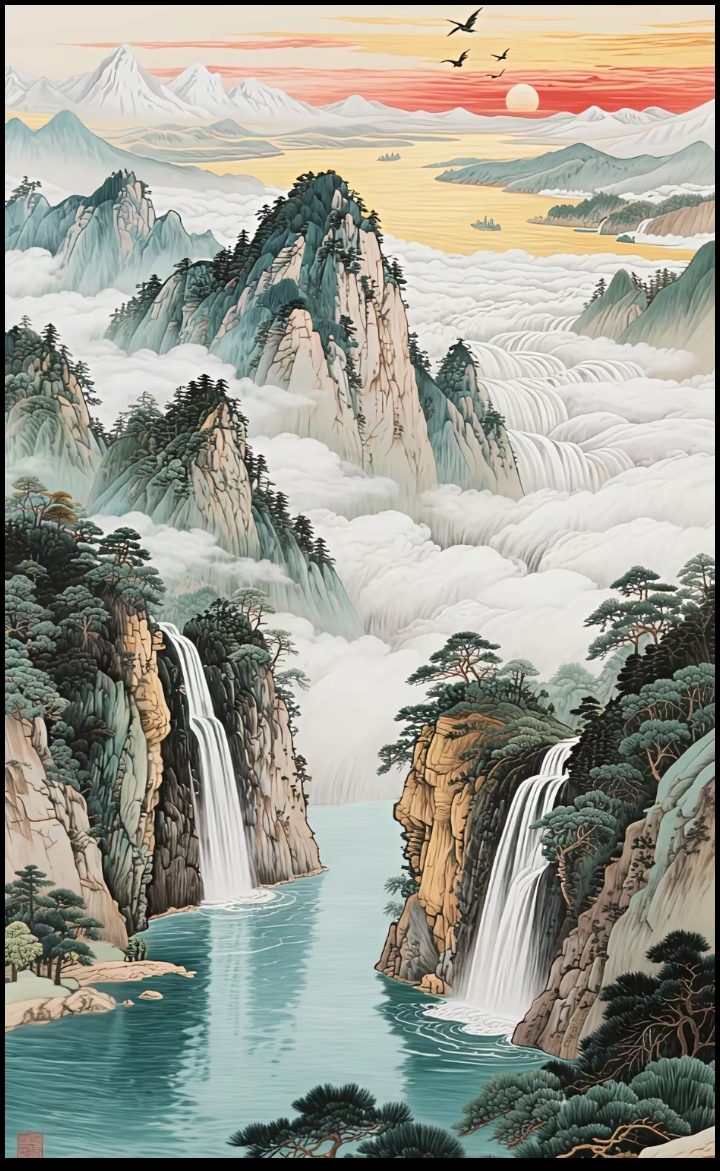 画作分享:这山水画美得像梦境一样,瀑布直下仿佛能听见水声,让人心旷