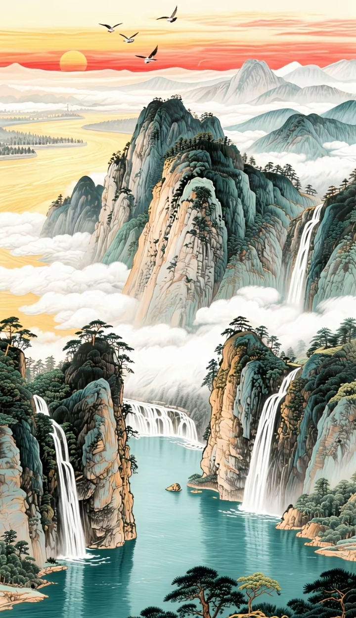 画作分享:这山水画美得像梦境一样,瀑布直下仿佛能听见水声,让人心旷