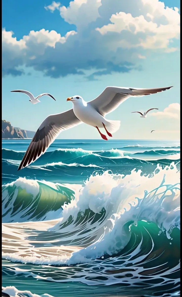 图片分享:海鸥翱翔波涛间,浪花拍岸心情畅