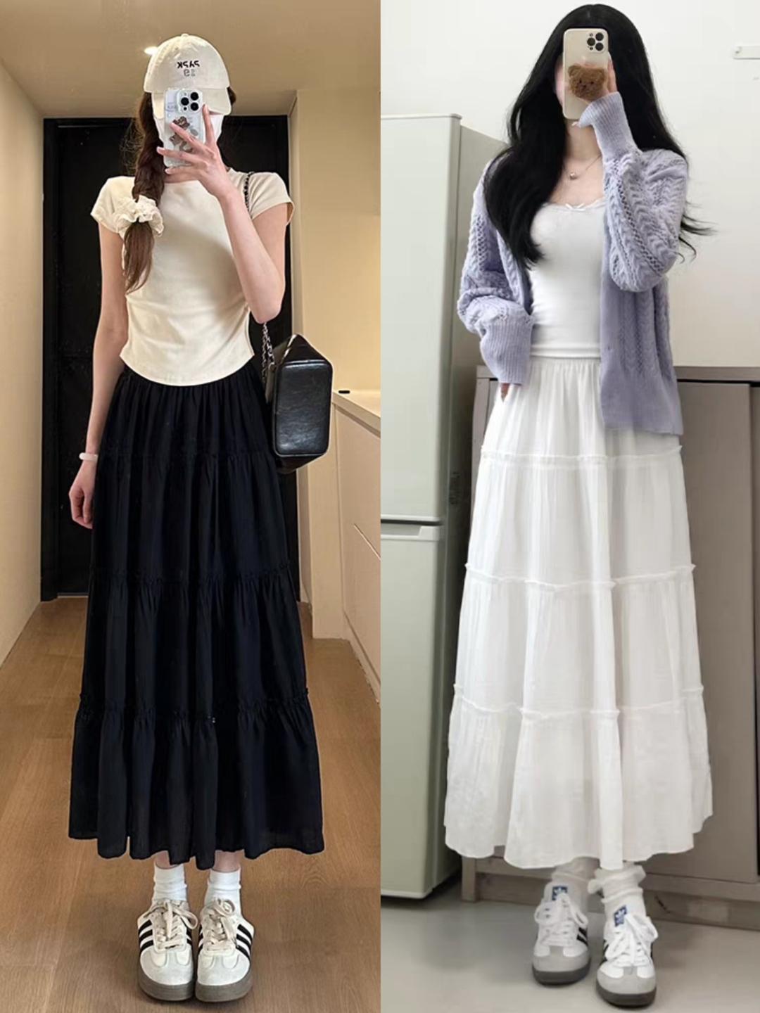 多采用简约的基础款上衣,如纯色t恤,针织衫等,搭配各种款式长裙