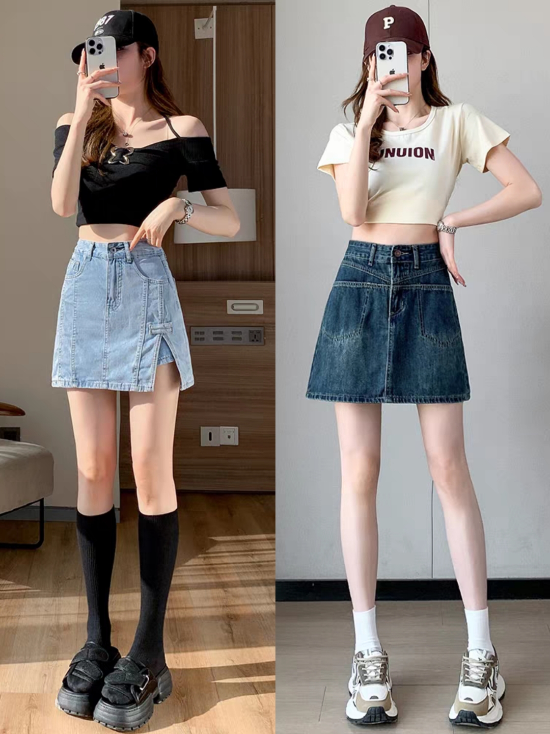 春夏季女生牛仔短裙搭配上衣及搭技巧 1. 上衣搭配方案:1