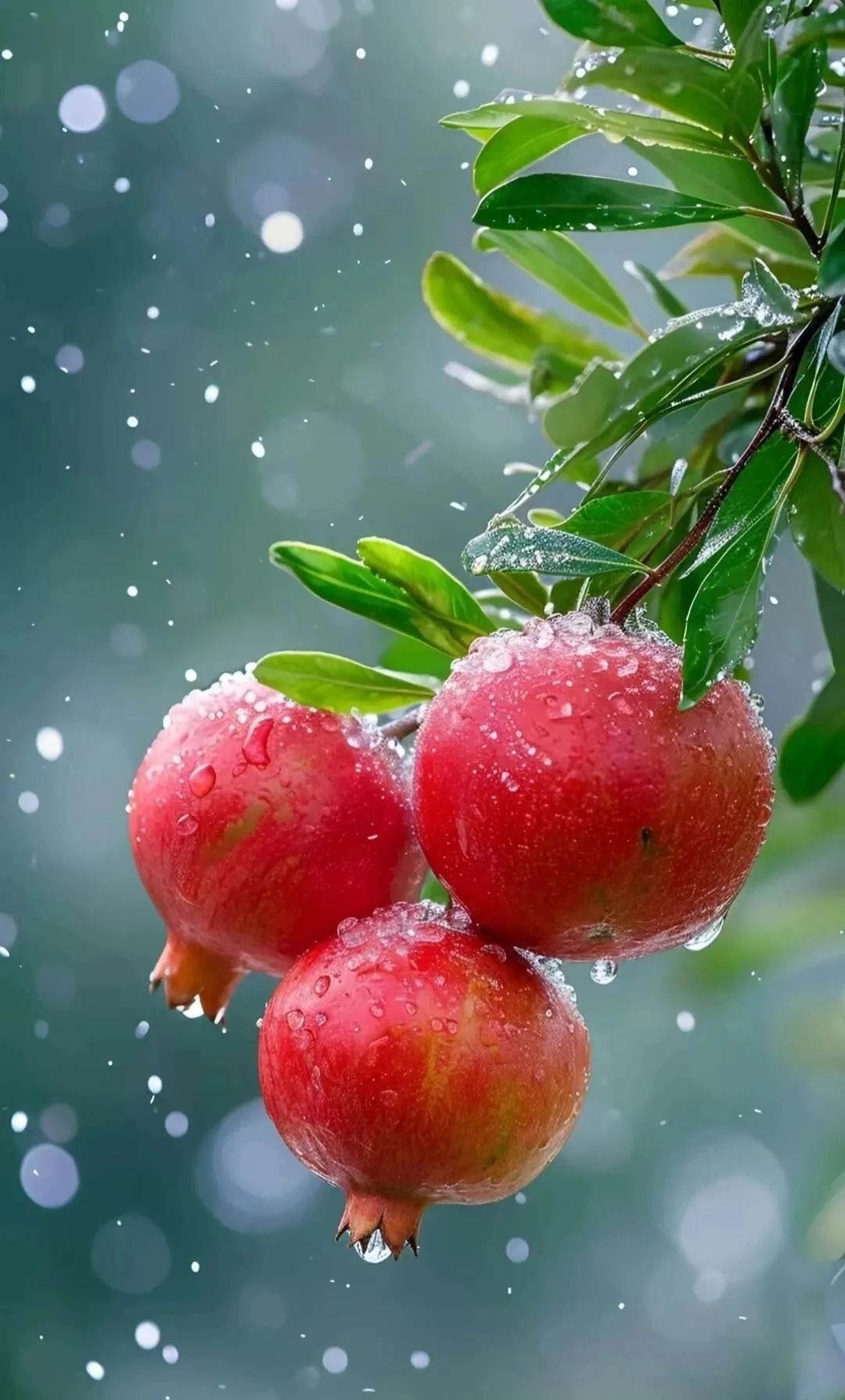 雨中红石榴,滴滴露珠,鲜活如昨"榴"六大顺,红红火火