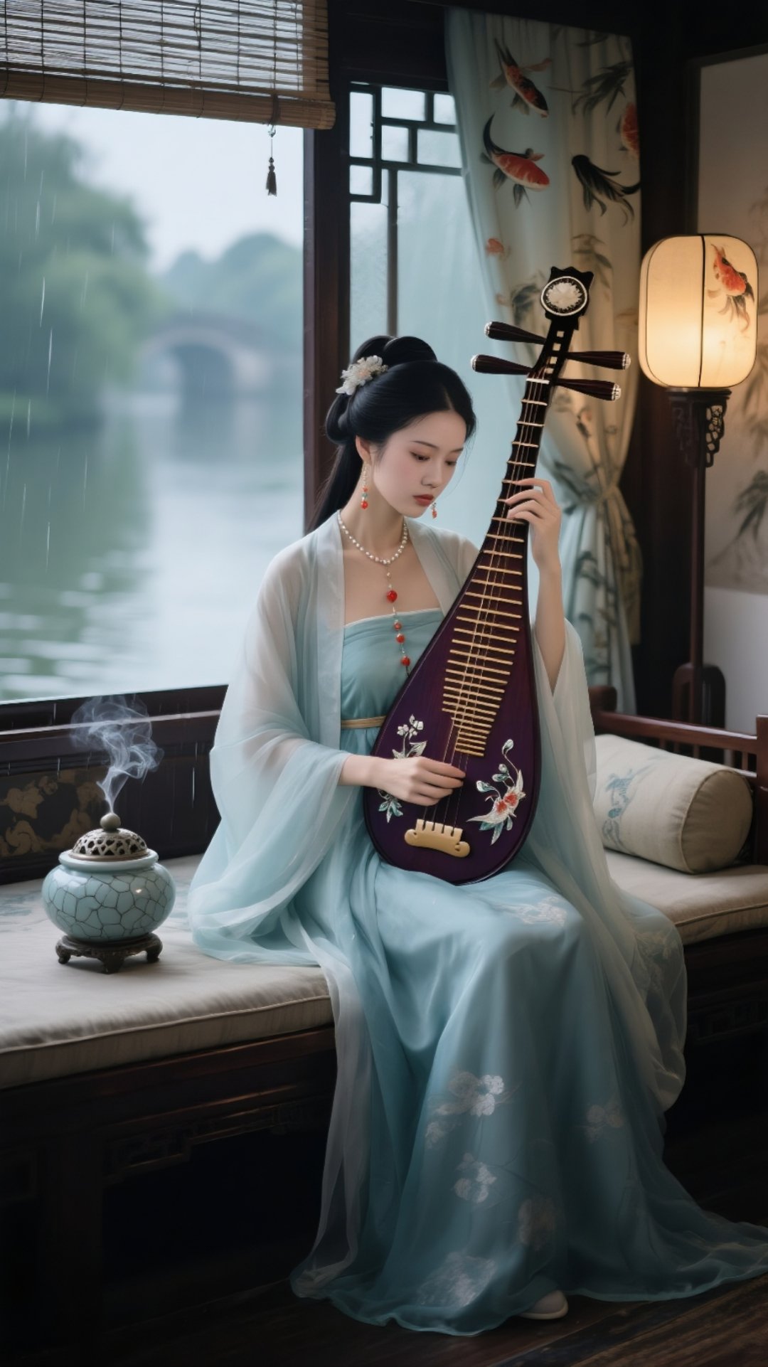 她在这一方毯禾泼琅 箜篌图片江南女子抱琵琶的图片古装美女幽亭弹