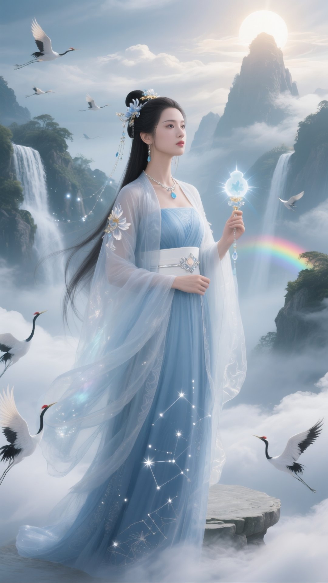 手持莹亮莲花法杖,于悬崖之畔独立