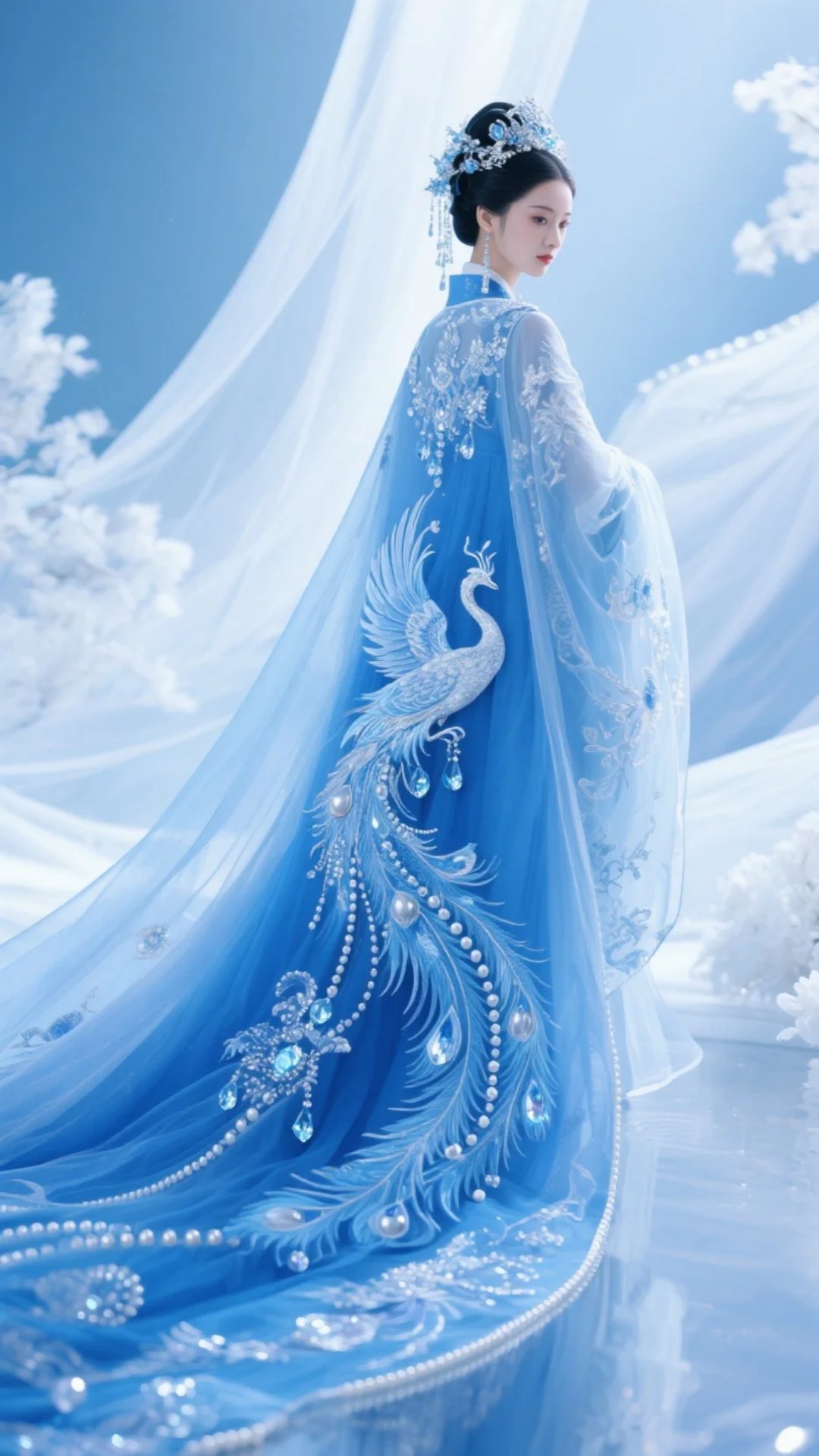 哇,这身蓝孔雀刺绣长裙也太美了吧!#古装美女# #汉服拍照
