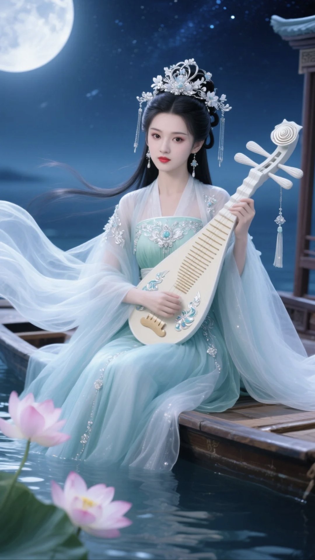 月夜如水,轻舟泛于湖面.她着一袭淡绿罗裳,似与湖光月色相融