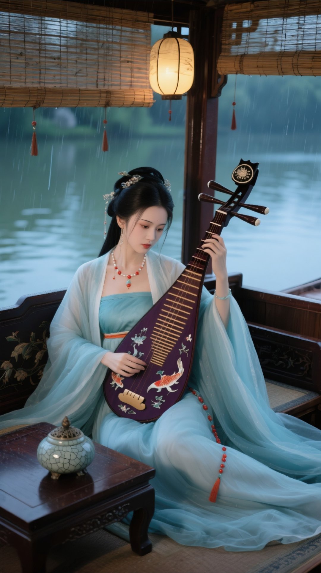 雨声,水波声交织,仿佛在诉说着千年的幽情,她在这一方探 女子抱琵琶