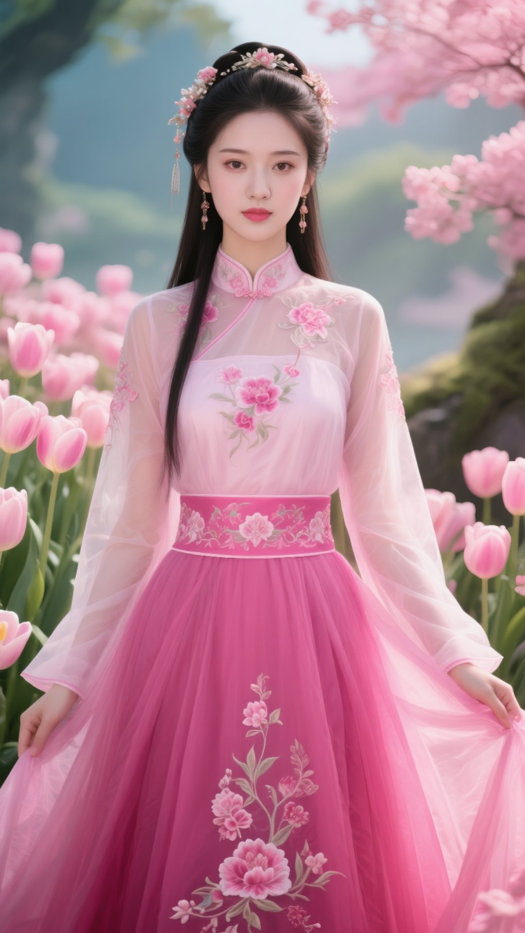 粉衣罗裳,勾勒出曼妙身姿,似从古典画卷中翩然而至