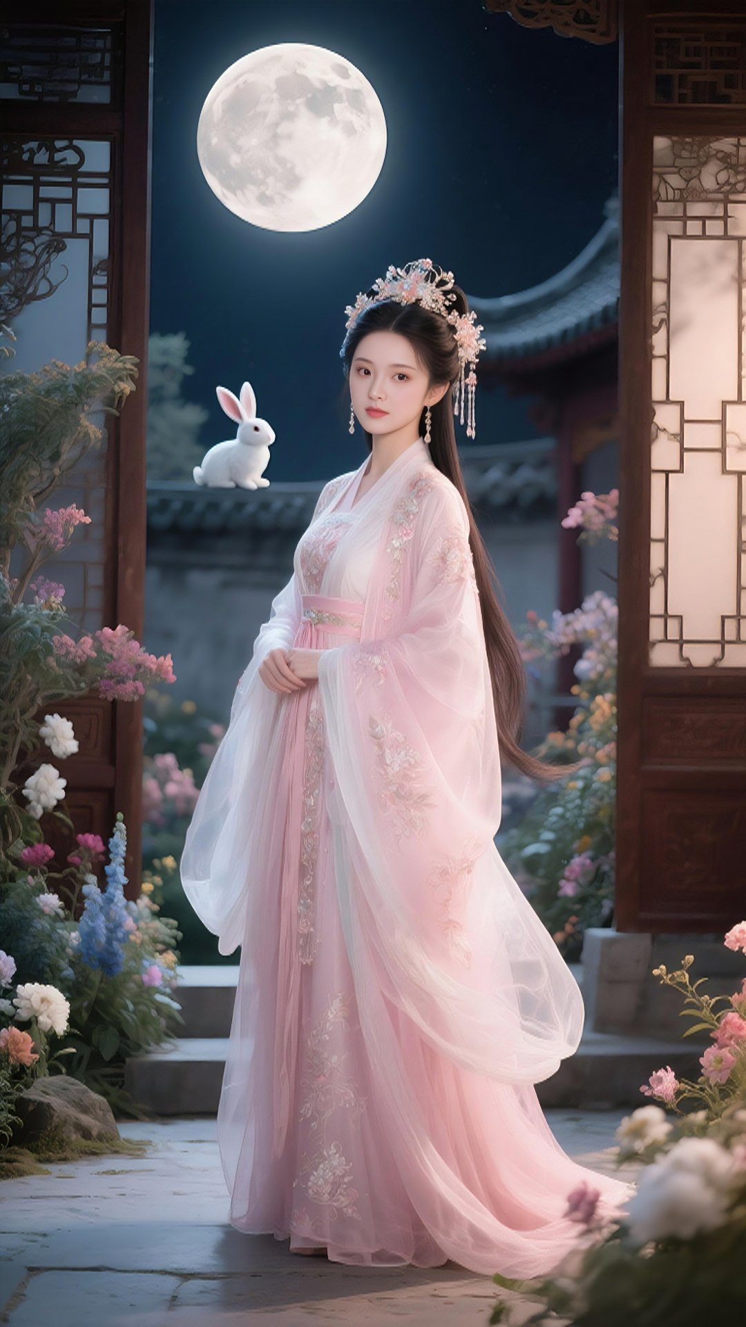 穿汉服月宫的公主,全身纯白繁复宫装古风淡绿仙裳古装古代优雅庭院