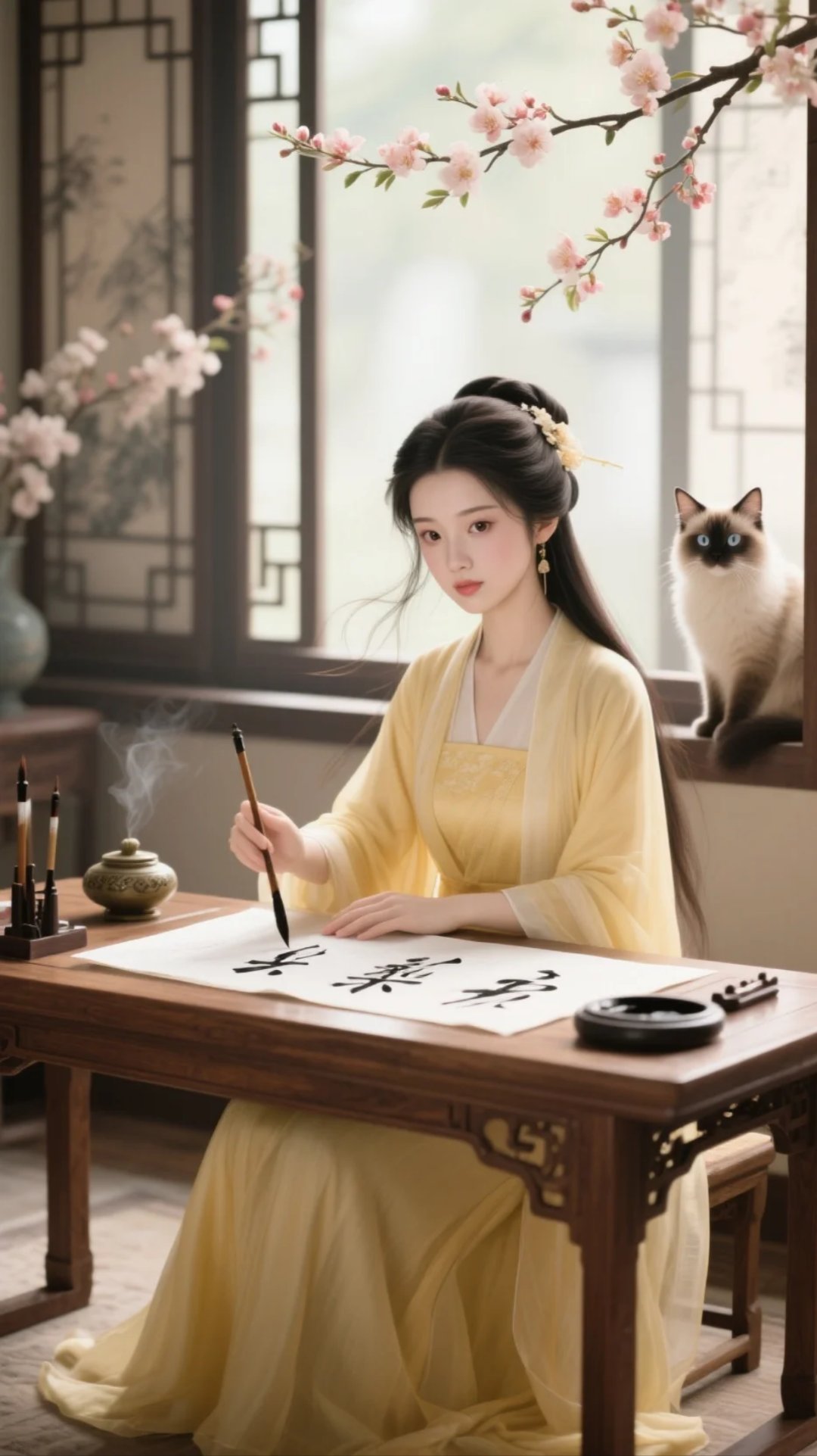 春日午后,她着一袭淡黄罗裳,于轩窗前静立