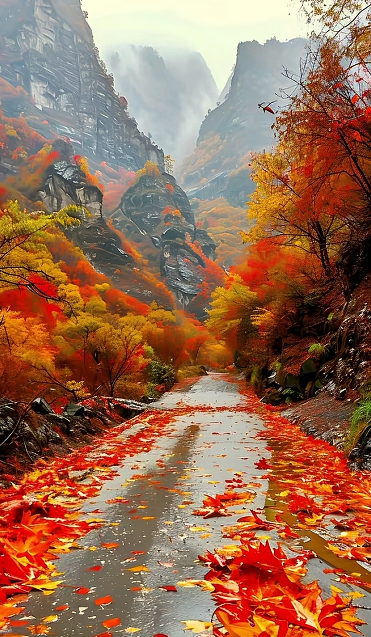 哇,这条秋天的山路美翻了,真想开着小车去兜风!