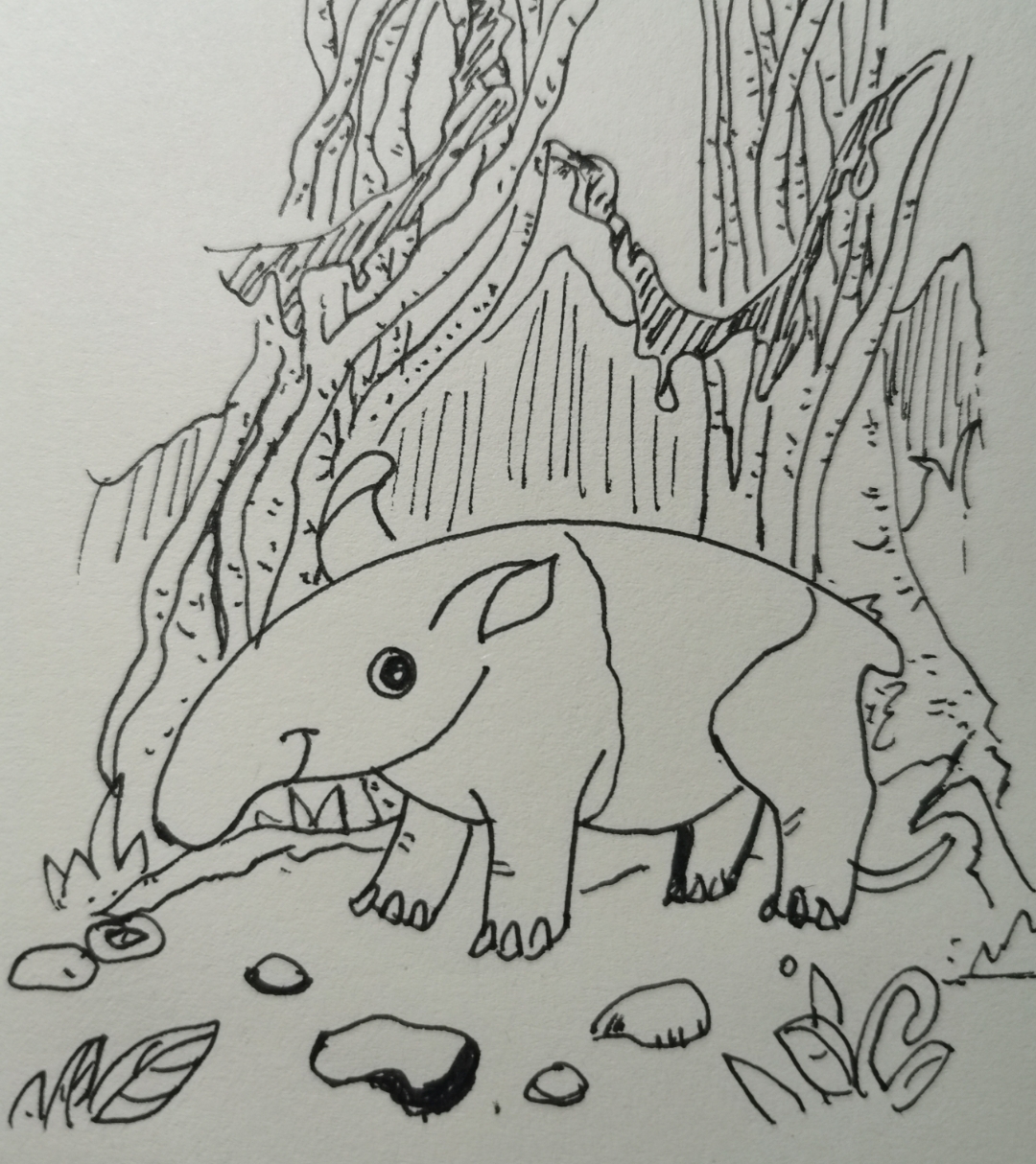 天空蔚蓝无片云, 远山青青横北郭. 丛树缠绵缀软絮, 食蚁徜徉赏婀娜