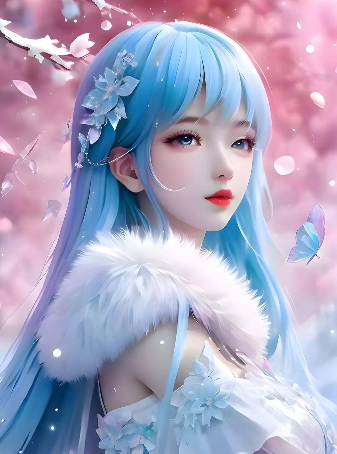 雪精灵,在冬日的浪漫粉红中翩翩起舞,长长的蓝发轻拂着脸庞,仿佛带着