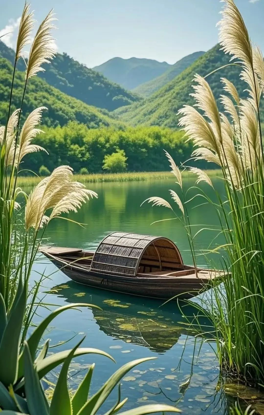 一叶小舟静静地漂浮在湖中央,船身小巧而精致,随着湖水的微微波动轻轻