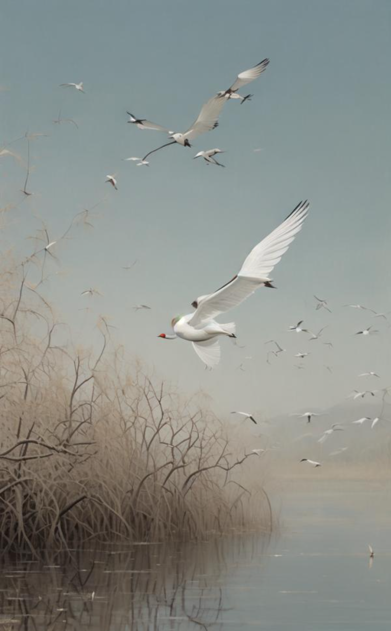 湖边飞鸟,自由翱翔,心随景动.