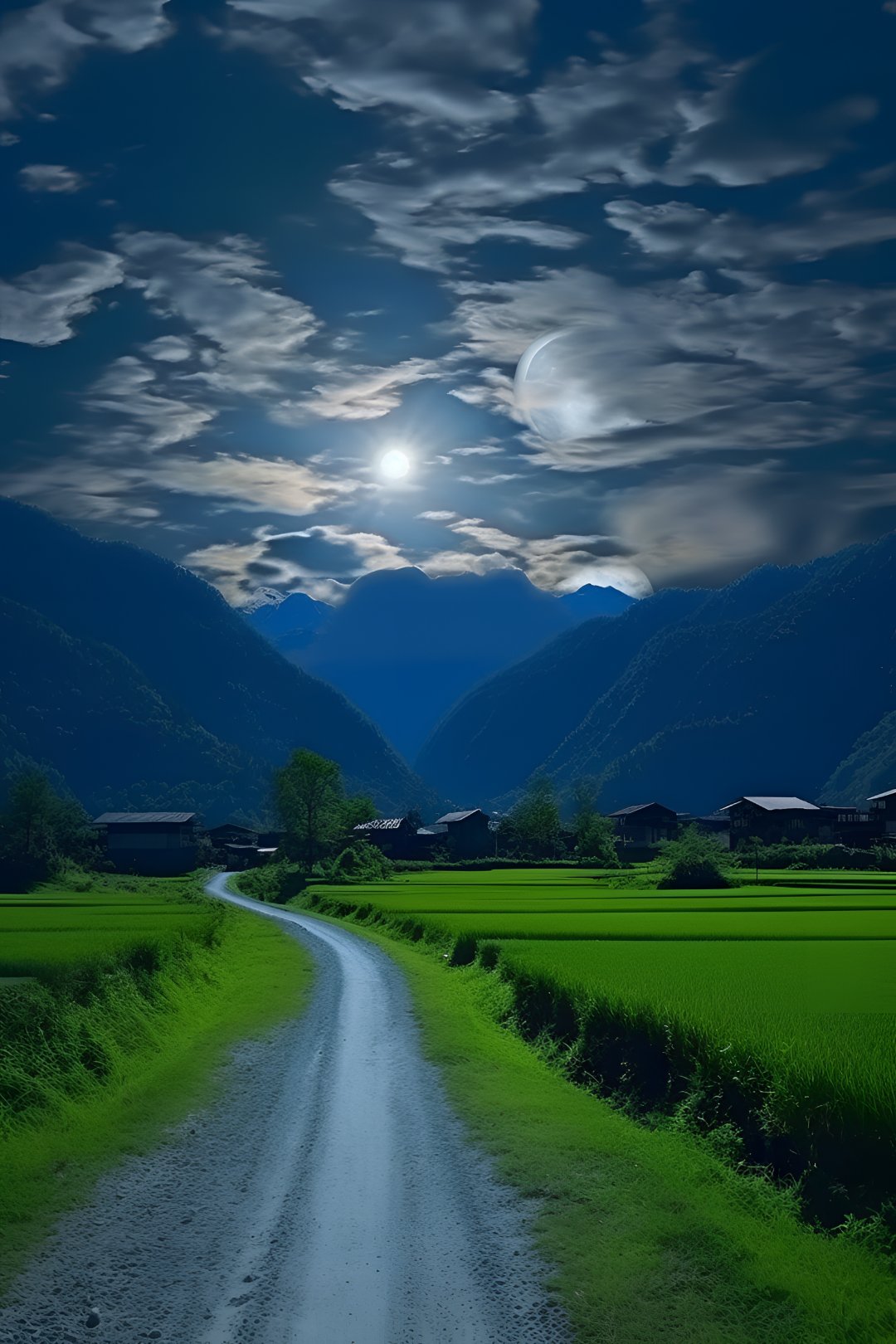 自然风光 #田园风光 #泥土路 #稻田 #云彩 #月亮 #美丽景色 #融入