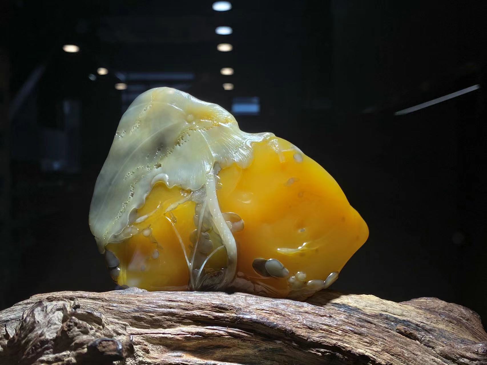 今天的阳光正好,我手中的乌鸦皮黄蜡石在阳光下闪闪发光,仿佛在诉说着