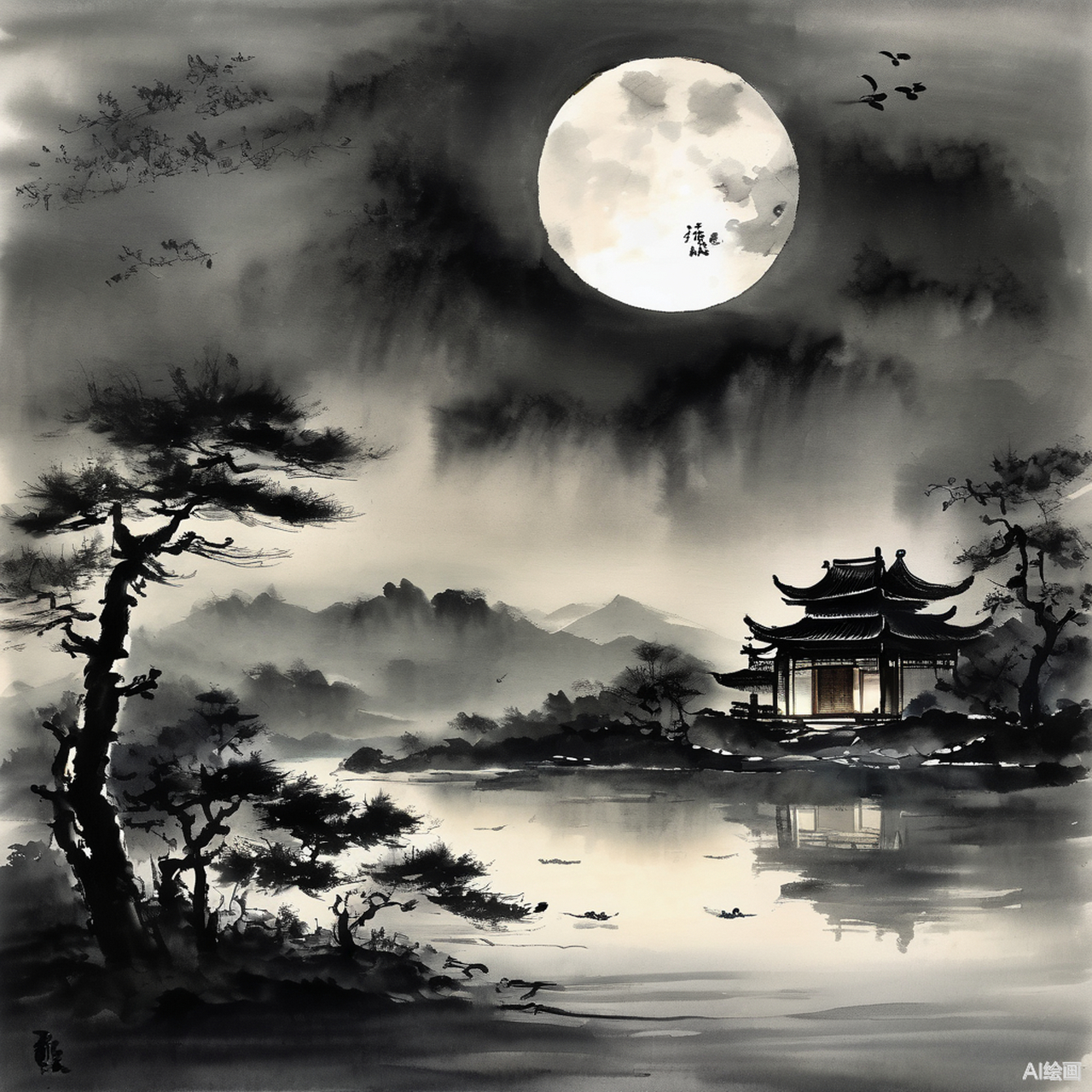 举头望明月,低头思故乡请根据李白写的《静夜思》画一副画,中国水墨