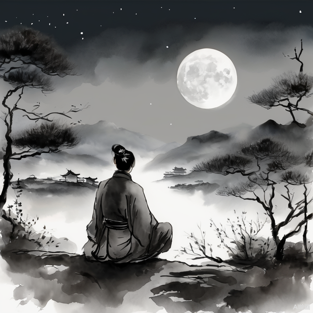 举头望明月,低头思故乡请根据李白写的《静夜思》画一副画,中国水墨