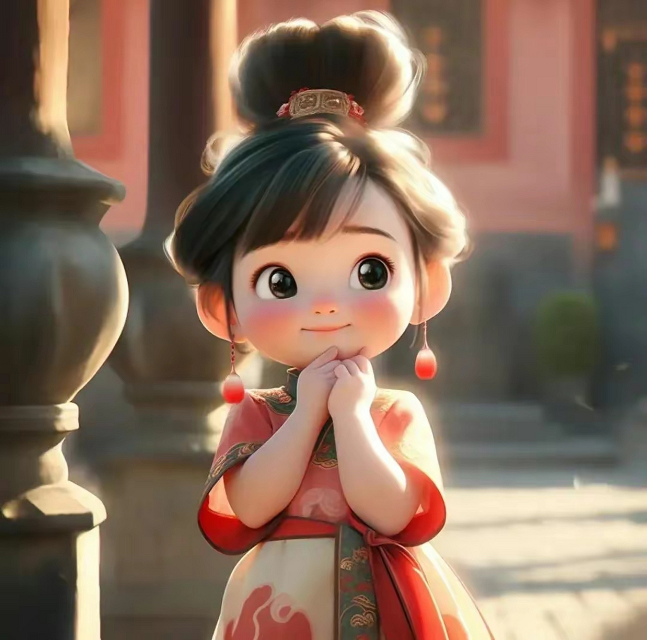 她穿着一身白色和粉色的汉服,两只丸子头被扎的高高的,看起来好活泼啊