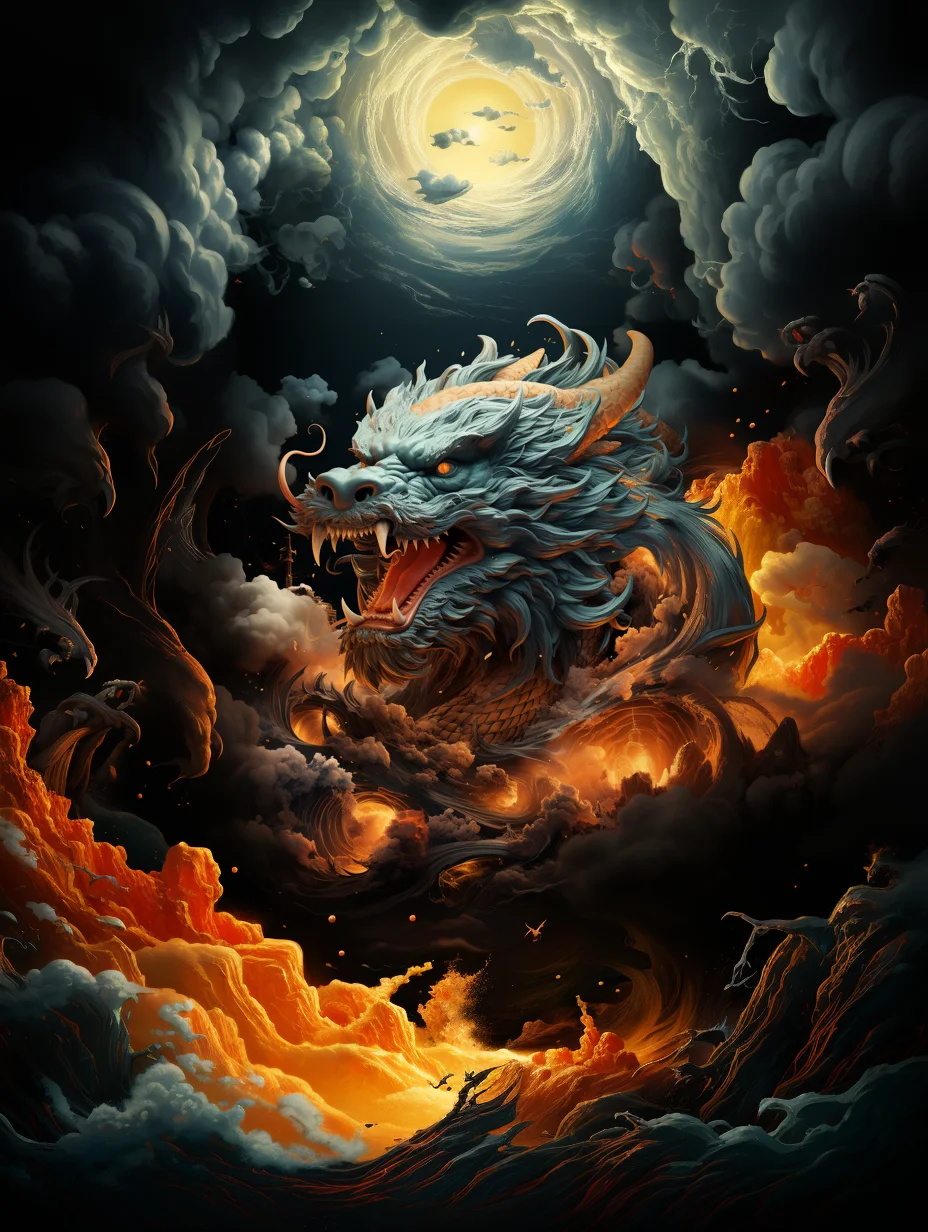 在这张图片中,一条巨龙在云层中飞舞,火焰熊熊燃烧,月光洒在它的身上