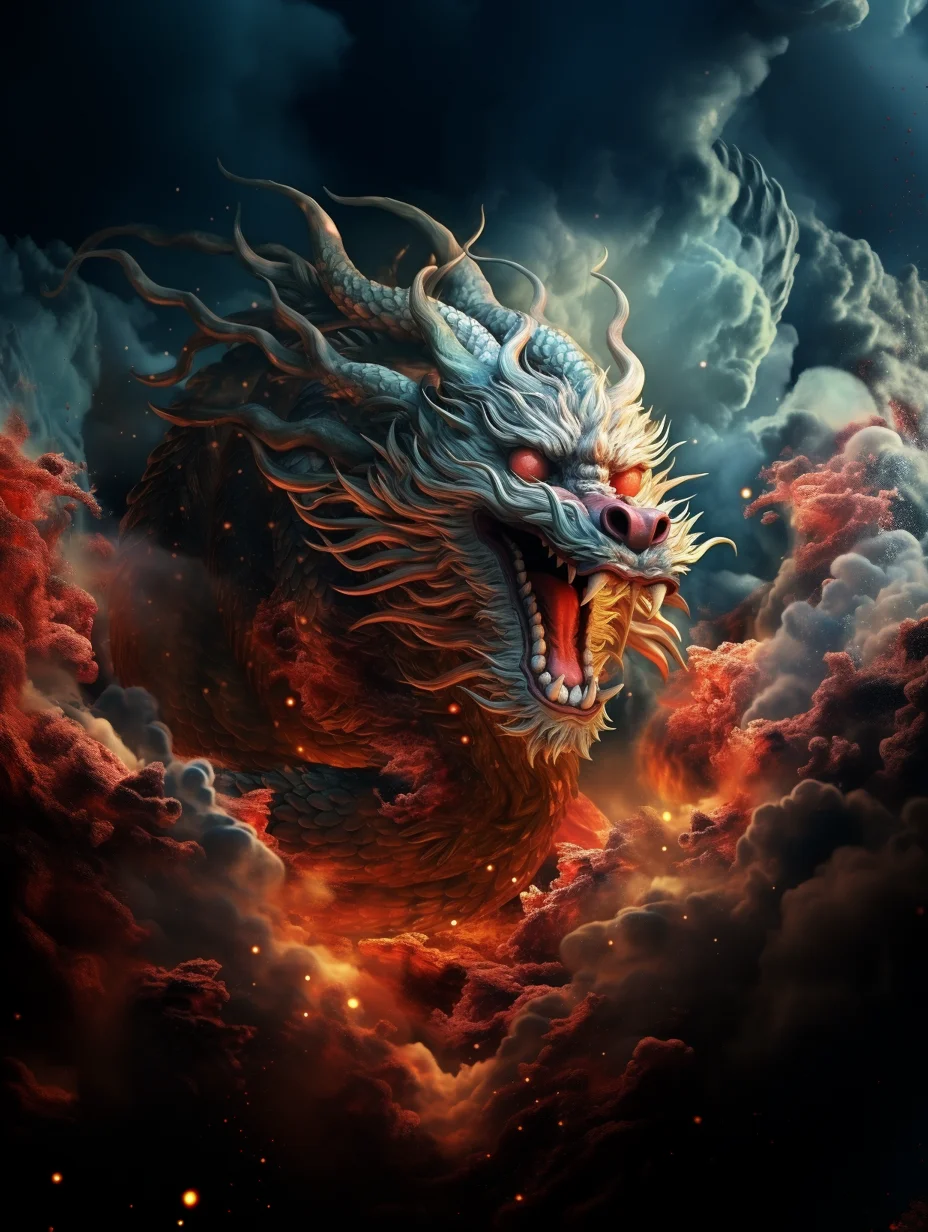 在这张图片中,一条巨龙在云层中飞舞,火焰熊熊燃烧,月光洒在它的身上