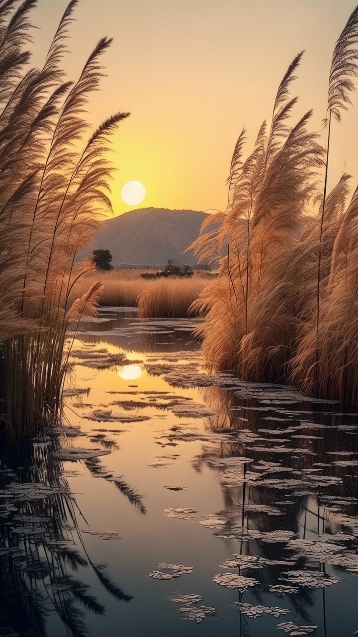 9415湖畔芦苇摇曳,金黄与夕阳相映成趣.