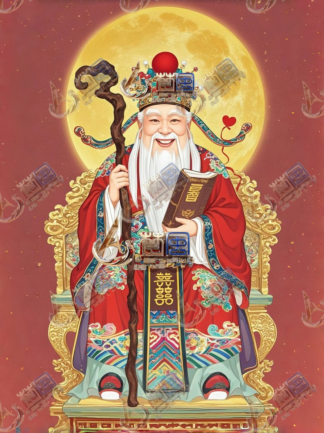 月老天尊坐锦堂,朱袍璀璨映祥光. 金冠耀目威仪显,玉杖随身福泽长