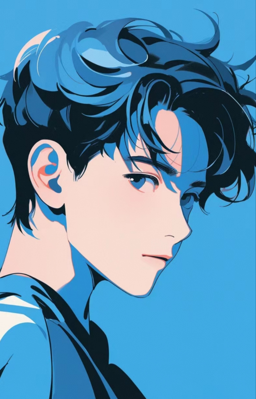男生壁纸|蓝色背景动漫男孩,时尚的发型,巧妙的阴影部分设计,使得整个