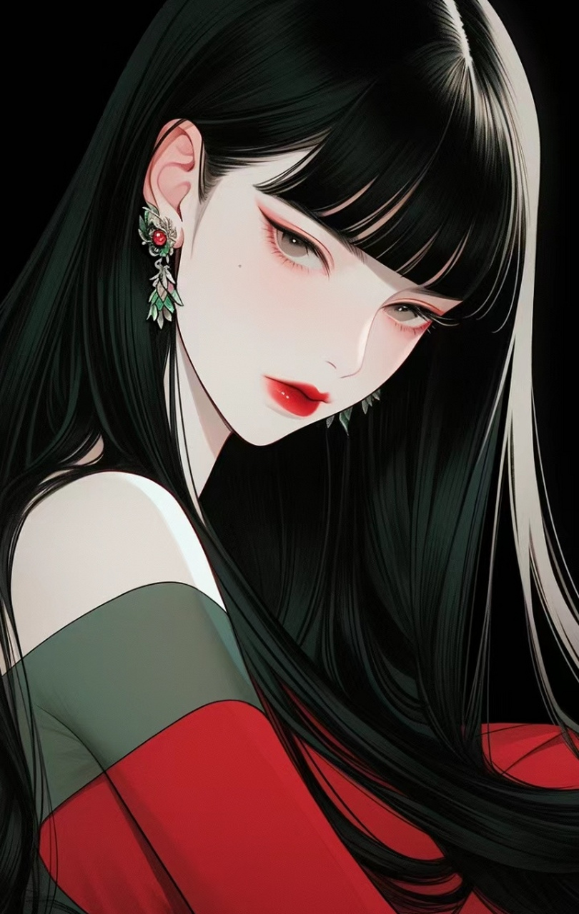 美女壁纸|黑长直发美女动漫壁纸,黑色和红色的搭配真的太飒啦吧,轻