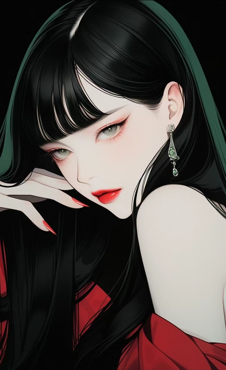 美女壁纸|黑长直发美女动漫壁纸,黑色和红色的搭配真的太飒啦吧,轻