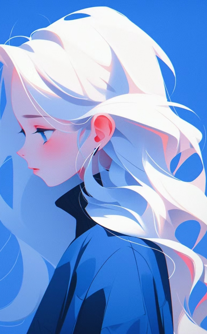 美女壁纸|动漫女孩,蓝色系和白色系搭配视觉效果清晰,甚至显得人物都