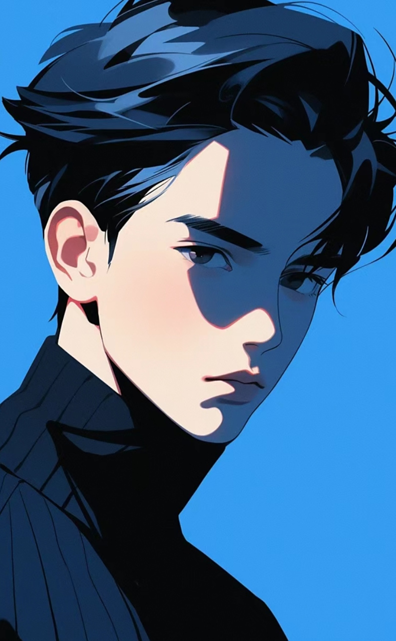 男生壁纸|蓝色背景动漫男孩,时尚的发型,巧妙的阴影部分设计,使得整个