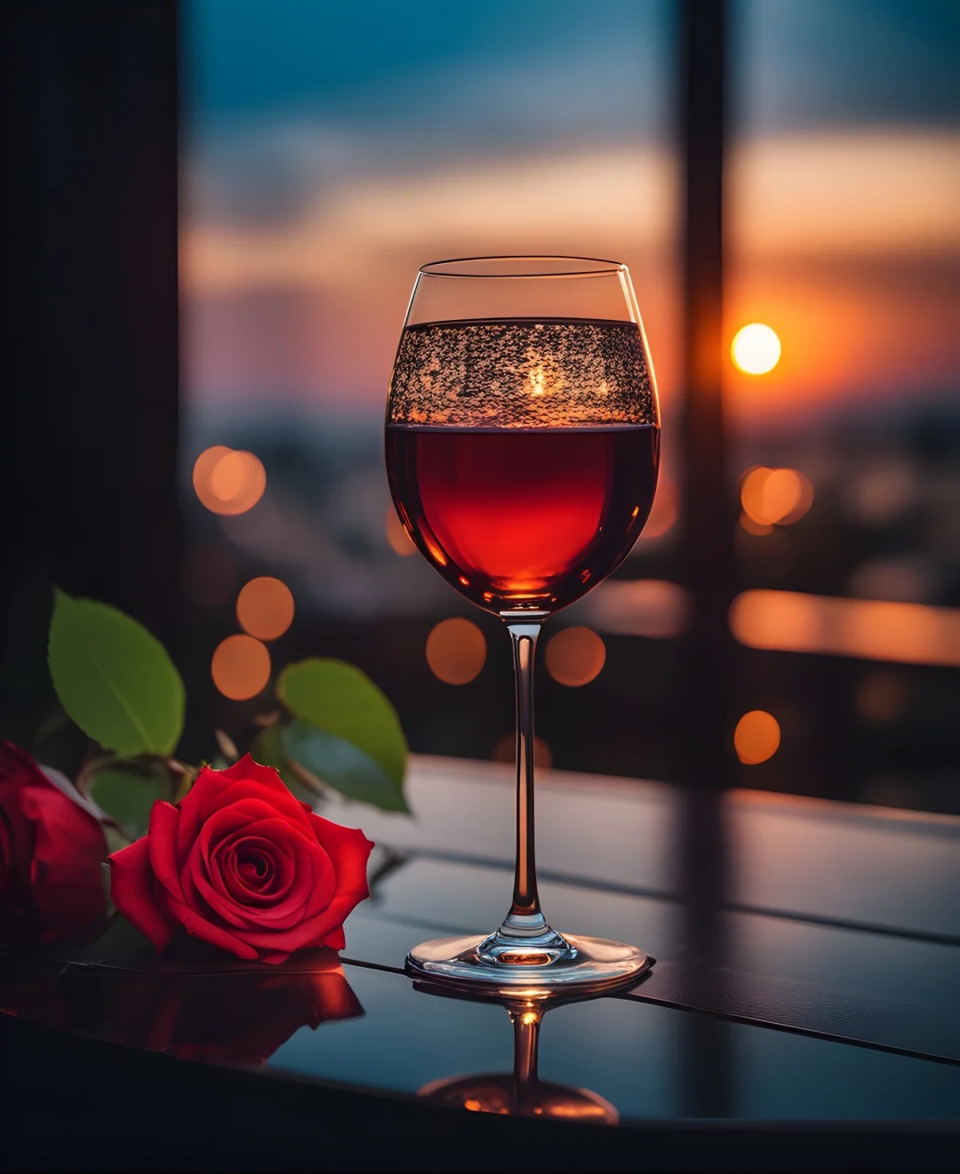 夕阳西下,一杯红酒97,一朵红玫瑰95,仿佛置身于电影中的浪漫场景