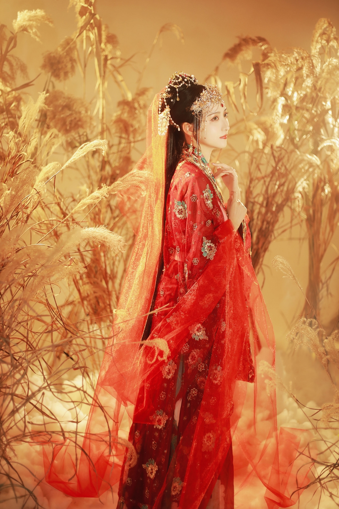 这是什么神仙国风名场面, 红衣汉服小姐姐,发间珠翠,头纱朦胧,怀抱