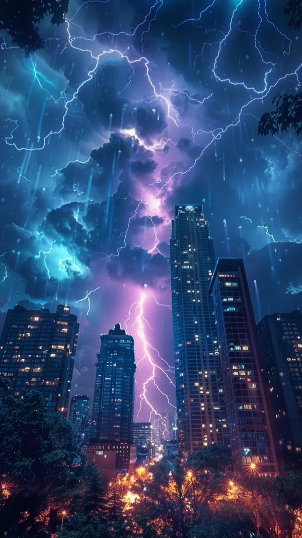 夜幕降临,城市上空雷电交加,高楼大厦灯光闪烁,仿佛在自然的力量前