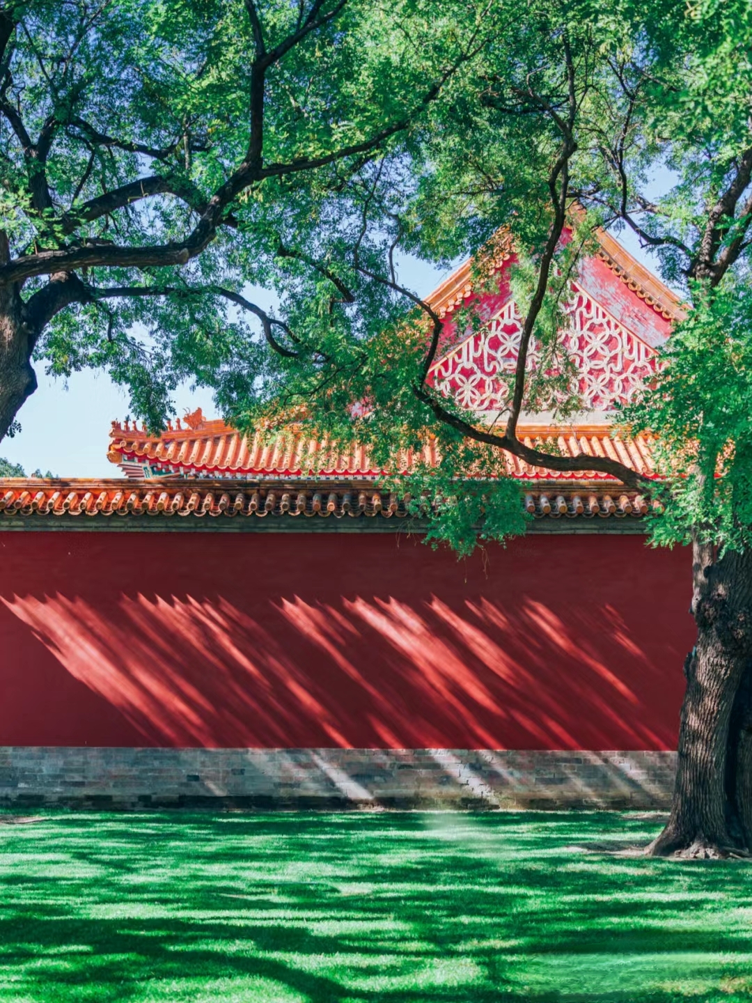 绿树掩映下的红墙古建筑,阳光斑驳,岁月静好