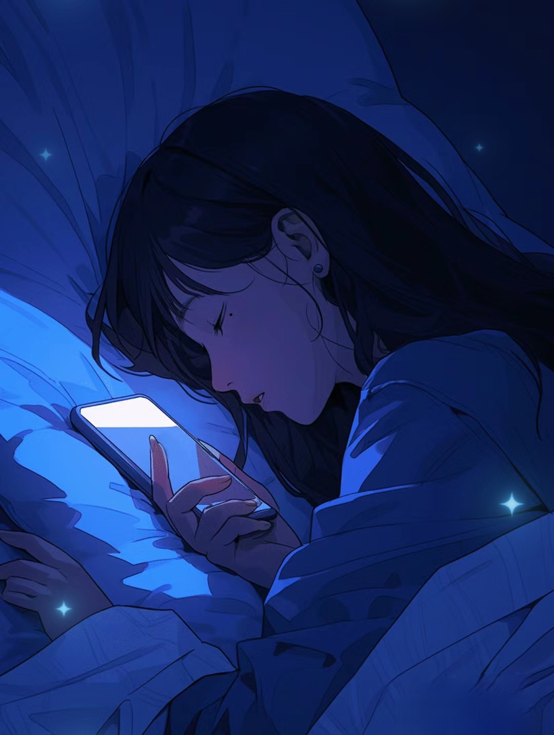 黑发女子静卧于床,手机屏幕的微光映照在她的脸庞,宛如夜空中的一颗