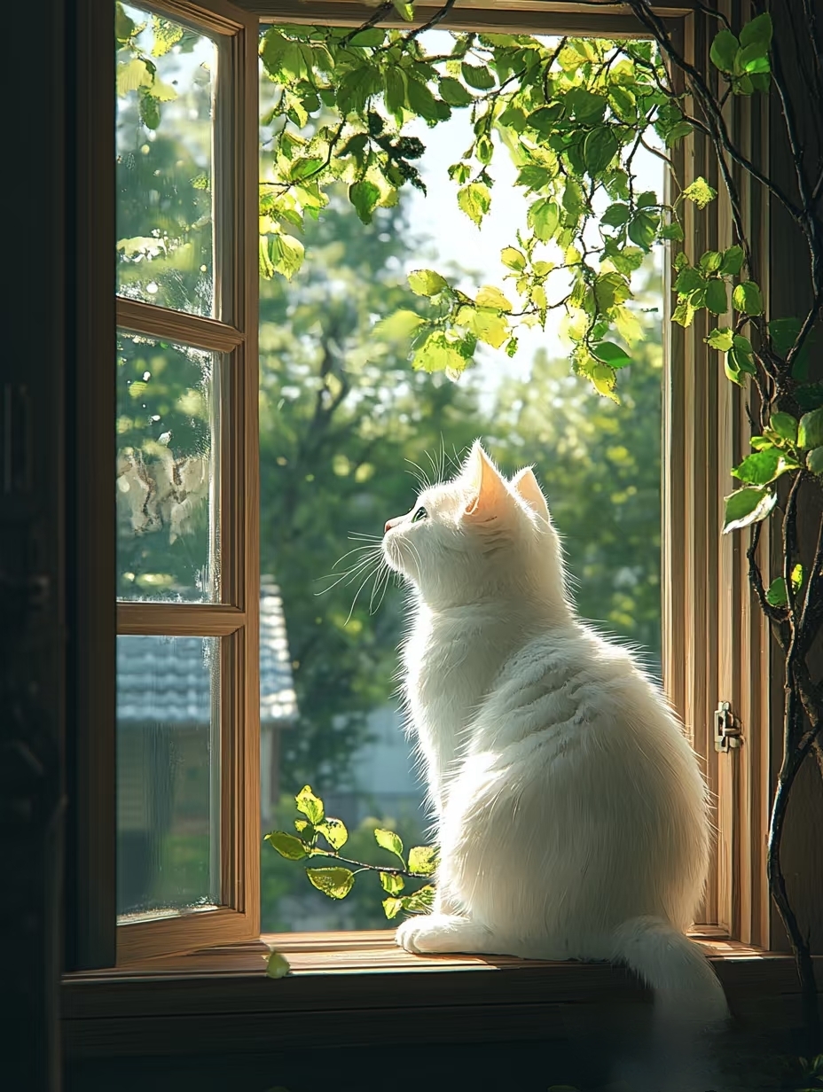 窗外阳光正好,猫猫眺望远方,静享这慵懒的午后时光
