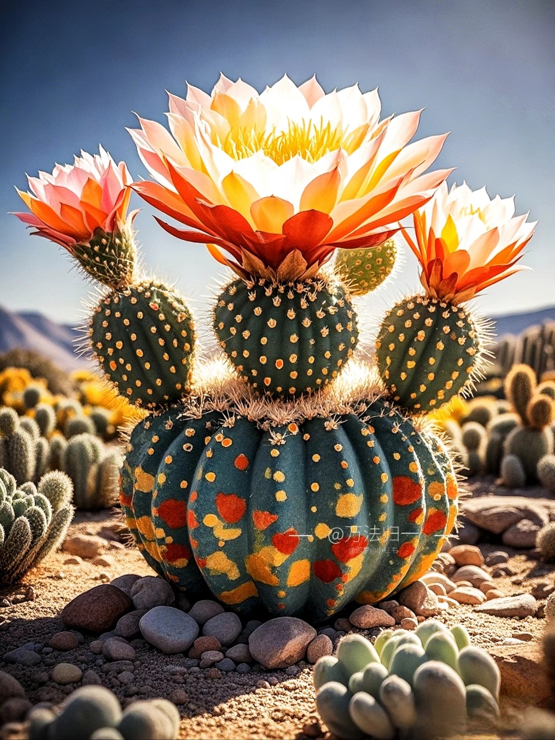 哇,这些仙人掌的花也太美了吧,好像在沙漠里举行了一场华丽的花开盛宴