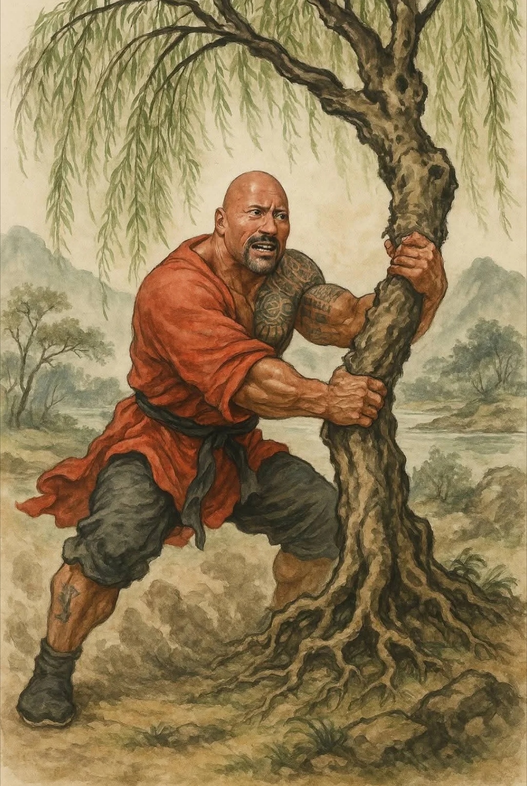 用ai画了幅鲁智深倒拔垂杨柳,竟然是这样!哈哈哈!