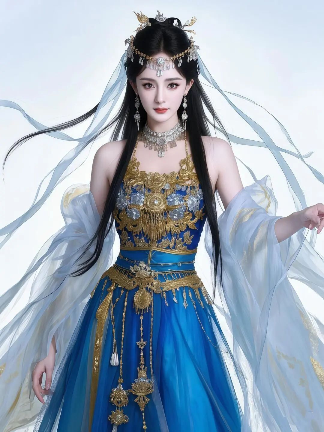 幂幂身穿一袭华丽蓝金长裙,气质优雅如仙女下凡,美得让人窒息