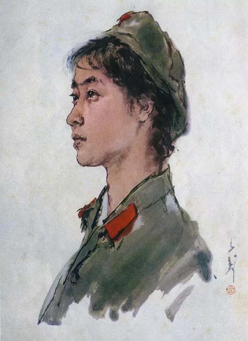 王子武先生军人与干活的女社员劳动的水墨写生素描