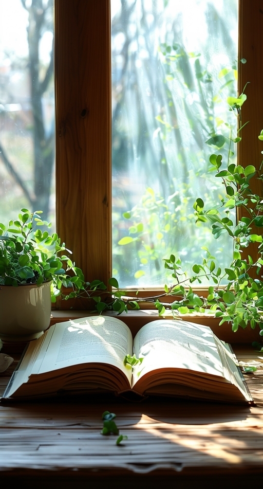 窗边微风拂过,小绿植轻轻摇曳,阳光在它们的身上跳跃,洒下一片温暖的