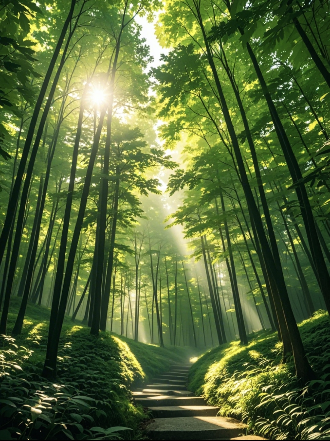 古木参天遮望眼,阳光斑驳落青萍. 鸟鸣深谷声声远,风拂枝头叶叶轻