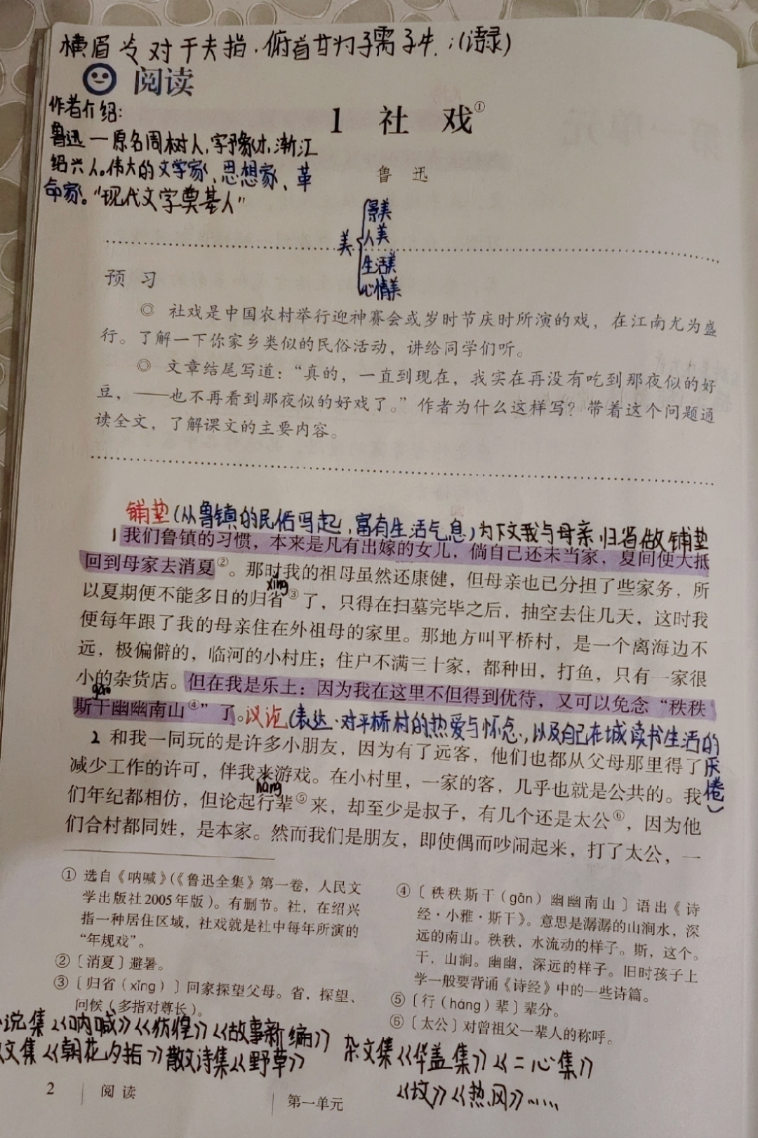 八年级下册人教版   语文第一课《社戏》课堂笔记